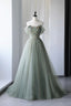 Gray Green Tulle Long Prom Dress, Lovely Off Shoulder A Line Prom Dress