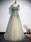 Gray Green Tulle Sequin Beads Long Prom Dress, Green Prom Dress