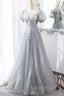 Gray Lace Long A Line Prom Dresses with Sequins Cute Short Sleeve Prom Dresses
