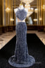 Gray Mermaid Sequins Halter Beading Prom Dress