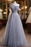 Gray One Shoulder Tulle Long Prom Dress Gray Tulle Evening Dress