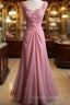Gray Pink Retro Mermaid V-Neck Chiffon Beaded Long Prom Dress Sweet Applique Birthday Dress