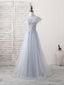 Gray Round Neck Lace Tulle Long Prom Dress, Gray Prom Dress