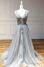 Gray Round Neck Tulle Lace Prom Dresses Long Gray Lace Prom Dresses