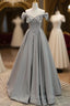 Gray Satin Floor Length Formal Dress with Pearls, Cute A-Line Prom Dress