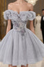 Gray Scoop Neckline Tulle Sequins Short Prom Dresses A-Line Off The Shoulder Prom Dresses