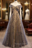 Gray Scoop Tulle Sequins Long Prom Dress, A Line Prom Prom Dress