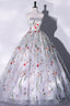 Gray Strapless Floral Tulle Long Prom Dress, Cute A-Line Evening Party Dress