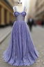 Gray Sweetheart Neck Tulle Lace Long Prom Dress Blue Formal Dress