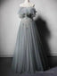Gray Tulle A-Line Off Shoulder Prom Dresses
