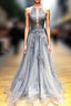 Gray Tulle Appliques Halter Backless Prom Dress