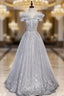 Gray Tulle Beaded Long A-Line Prom Dress, Cute Evening Party Dress