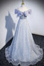 Gray Tulle Beaded Long Prom Dresses Off the Shoulder Prom Dresses with Bow