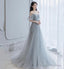 Gray Tulle Beads Long A Line Prom Dress Evening Dress
