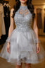 Gray tulle lace high neck short prom Dresses gray homecoming Dresses