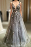 Gray Tulle Lace long A Line Prom Dress, Gray V Neck Prom Prom Dress