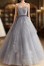 Gray Tulle Lace Long Prom Dress, Gray Ball Gown Formal Dresses