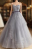 Gray Tulle Lace Long Prom Dress, Gray Ball Gowns Formal Dresses