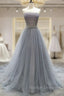 Gray Tulle Lace Long Prom Dress, Gray Blue Tulle Lace Evening Dress