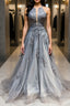 Gray tulle lace long prom dress gray tulle lace formal dress