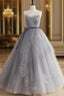 Gray Tulle Lace Long Prom Dresses Gray Tulle Sweet 16 Dresses