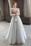 Gray Tulle Lace Long Prom Dress A-Line Prom Dress