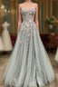 Gray Tulle Lace Long Strapless Prom Dress, A-Line Formal Evening Dress