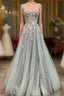 Gray Tulle Lace Long Strapless Prom Dress, A Line Formal Prom Dress