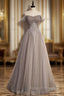Gray Tulle Lace Pleats Beading Prom Dress