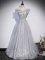 Gray Tulle Lace Sequin Long Prom Dresses Gray Tulle Prom Dresses