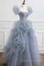 Gray Tulle Long A Line Prom Dresses Gray Short Sleeve Prom Dresses