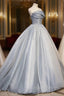Gray Tulle Long A Line Prom Dress, Gray Strapless Formal Prom Gowns