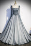 Gray Tulle Long A Line Prom Dresses with Beaded Spaghetti Straps Gray Prom Dresses