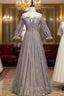 Gray Tulle Long Sleeve Pleats Cold Shoulder Prom Dress