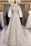 Gray Tulle Long Sleeve Sequins Beading Prom Dress