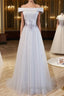 Gray tulle off shoulder lace Prom Dresses Long gray tulle Prom Dresses
