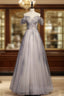 Gray Tulle Off the Shoulder Beading Prom Dress