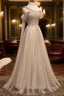 Gray Tulle One Shoulder Long Prom Dress, Gray Formal Graduation Dresses with Beading