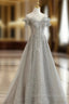 Gray Tulle Sequin Lace Off Shoulder Long Prom Dresses Gray Prom Dresses