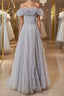 Gray tulle sequin long prom dress, gray tulle formal dress