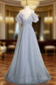 Gray Tulle Sequins Beading Prom Dress