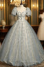 Gray Tulle Sequins Beading Puff Sleeve Quinceanera Dress