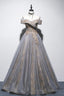 Gray Tulle Sequins Long Prom Dress, Off Shoulder Prom Dress