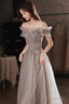 Gray Tulle Sequins Long Prom Dresses, A-Line Off The Shoulder Evening Dresses