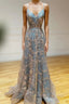 Gray Tulle Sequins Long Prom Dresses, A Line Spaghetti Straps Formal Dresses