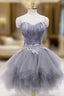 Gray Tulle Short Prom Dress with Feather, Chic A Line Strapless Prom Dress