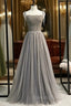 Gray Tulle Spaghetti Straps Beading Backless Prom Dress