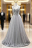 Gray Tulle Spaghetti Straps Beading Pearls Prom Dress