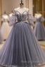 Gray Tulle Spaghetti Straps Button Prom Dress