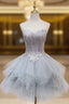 Gray Tulle Strapless Feather Appliques Homecoming Dress